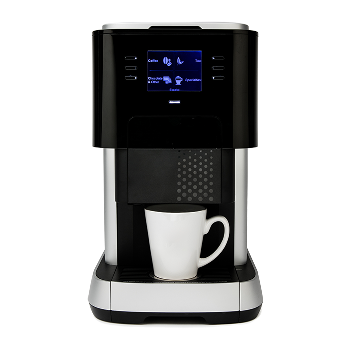 Flavia coffee machine with a selection of sachets of tea, coffee